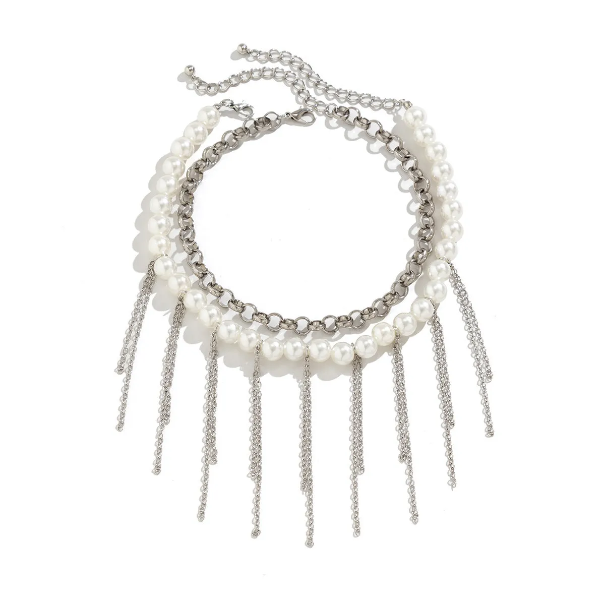 Imitation pearl tassel chain double-layer retro necklace with white K finish and geometric iron pendant