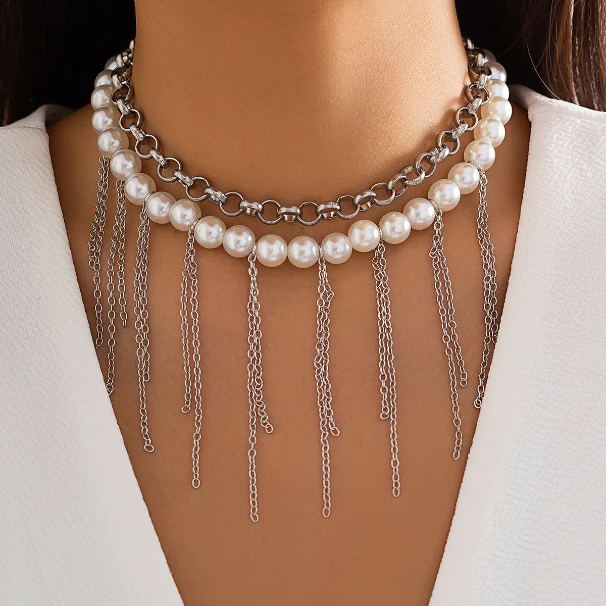Imitation pearl tassel chain double-layer retro necklace with white K finish and geometric iron pendant