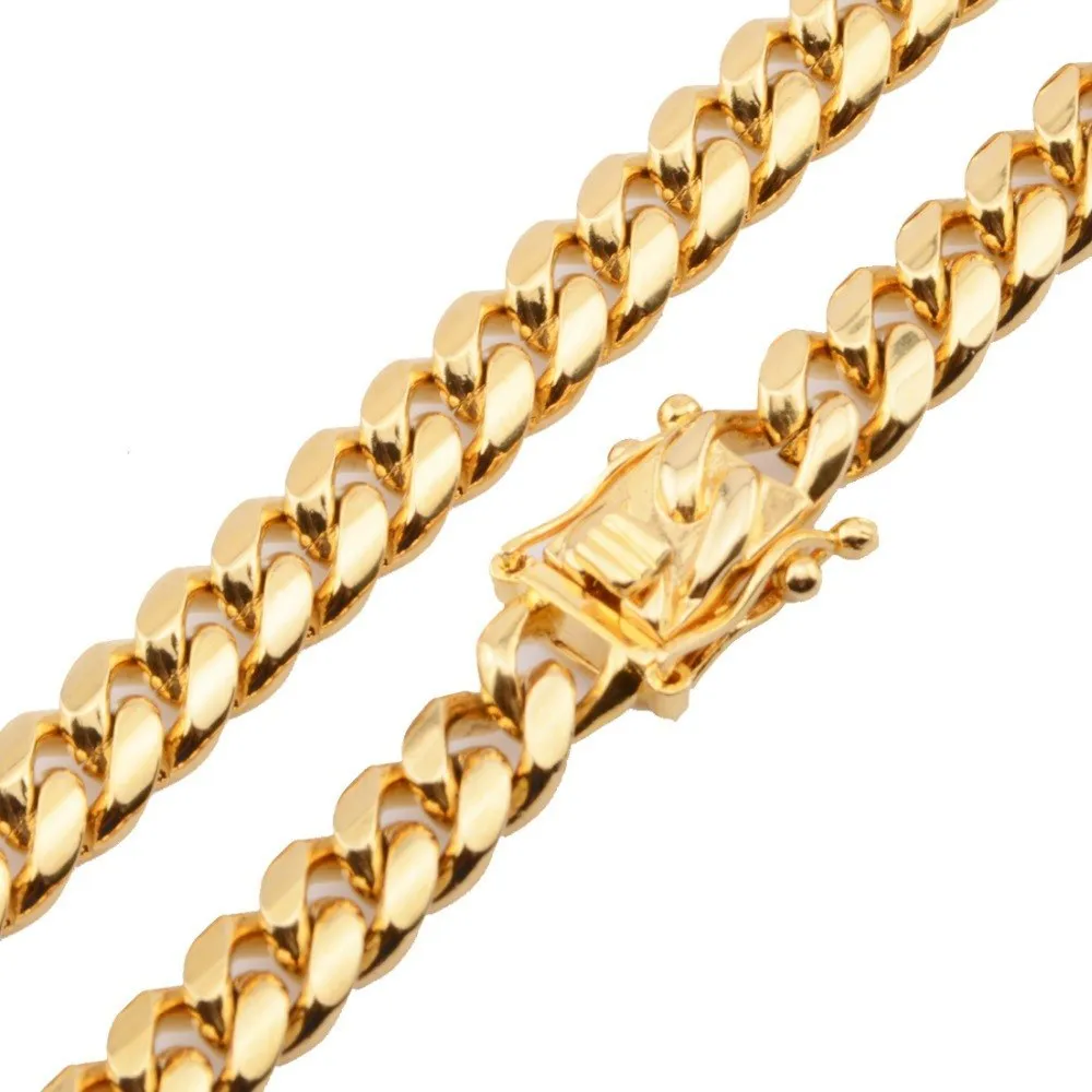 Gold Miami Cuban link stainless steel chain necklace on white background