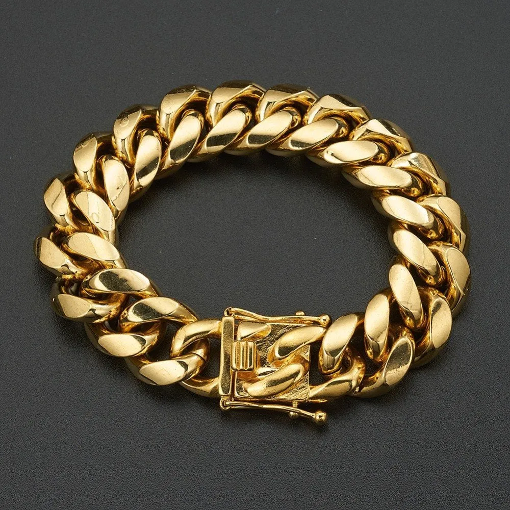 Gold Miami Cuban link stainless steel chain necklace on white background