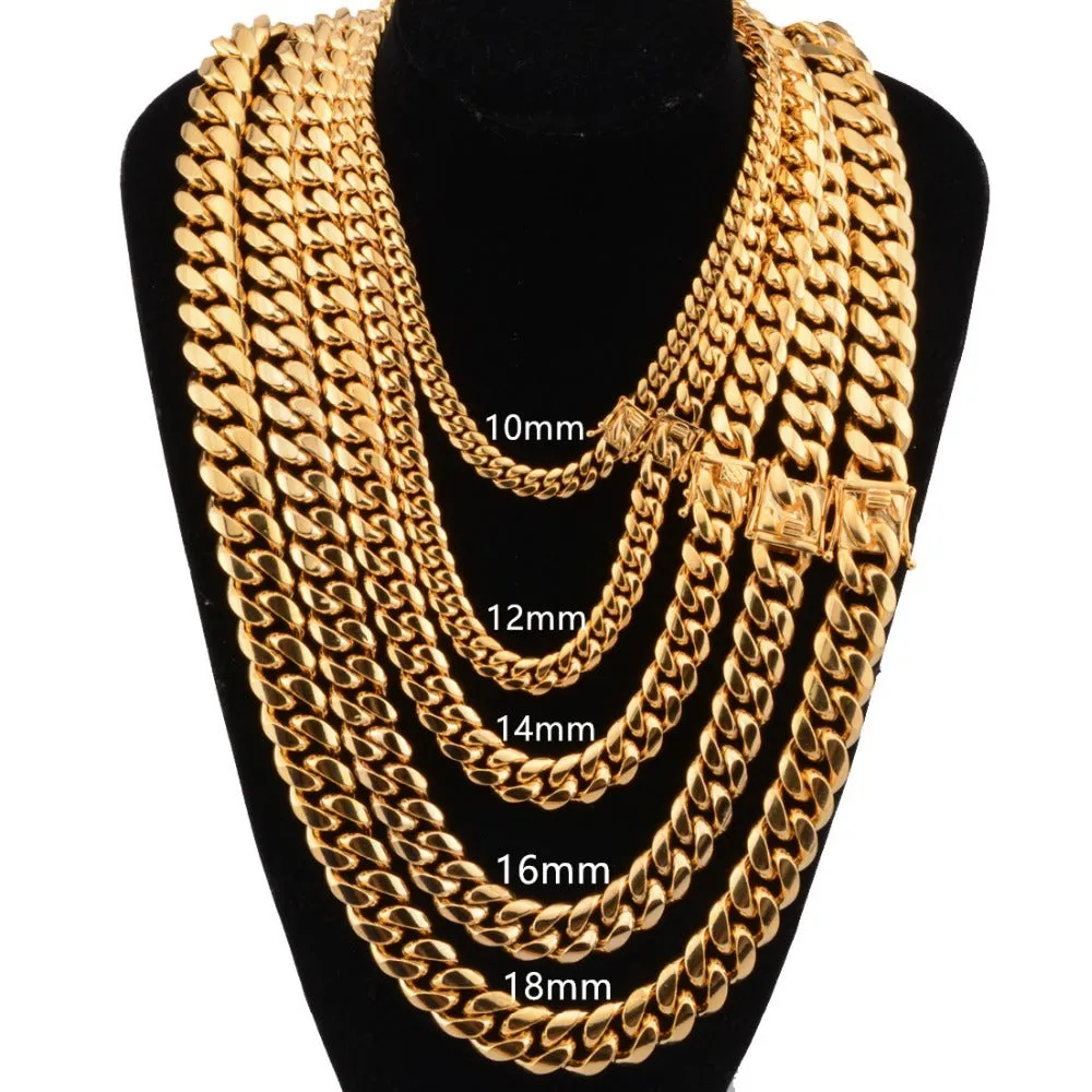 Gold Miami Cuban link stainless steel chain necklace on white background