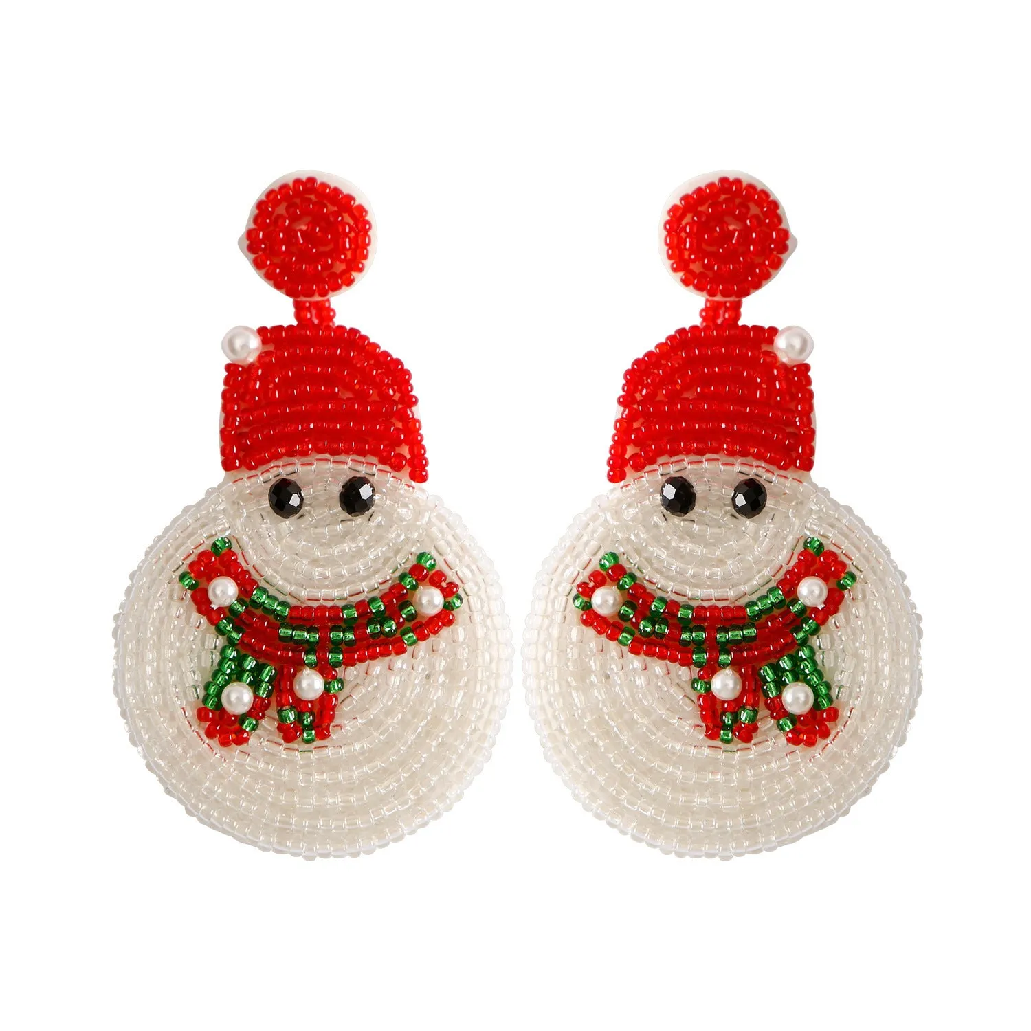 White acrylic snowman bead earrings on a white background, geometric shape, one pair shown