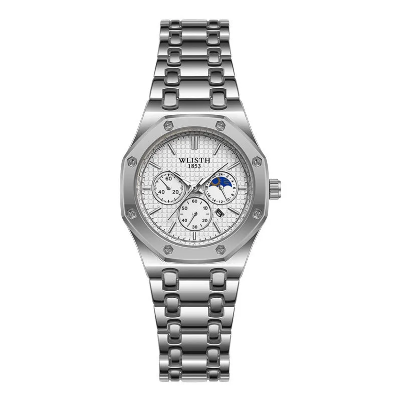 Women's watch with luminous steel strap calendar 29mm dial black face