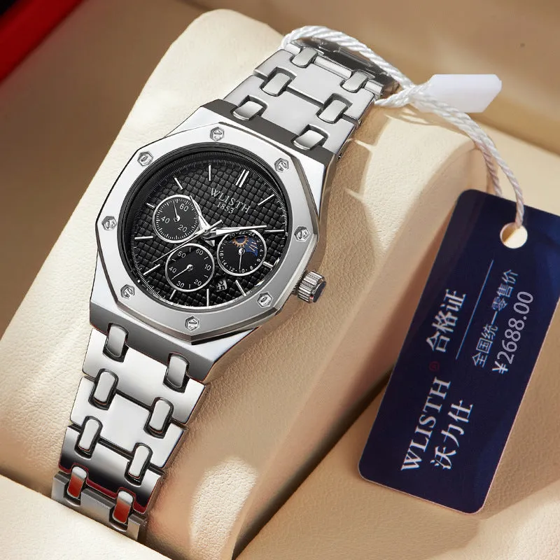 Women's watch with luminous steel strap calendar 29mm dial black face