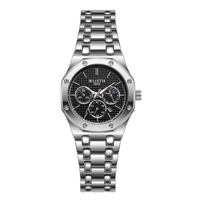 Women's watch with luminous steel strap calendar 29mm dial black face
