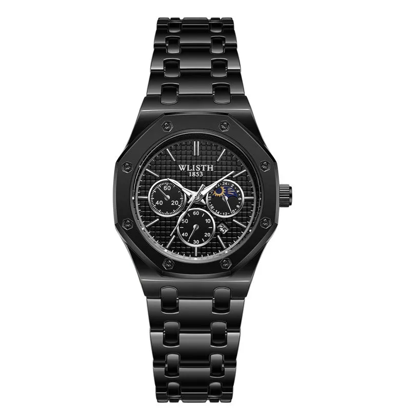 Women's watch with luminous steel strap calendar 29mm dial black face