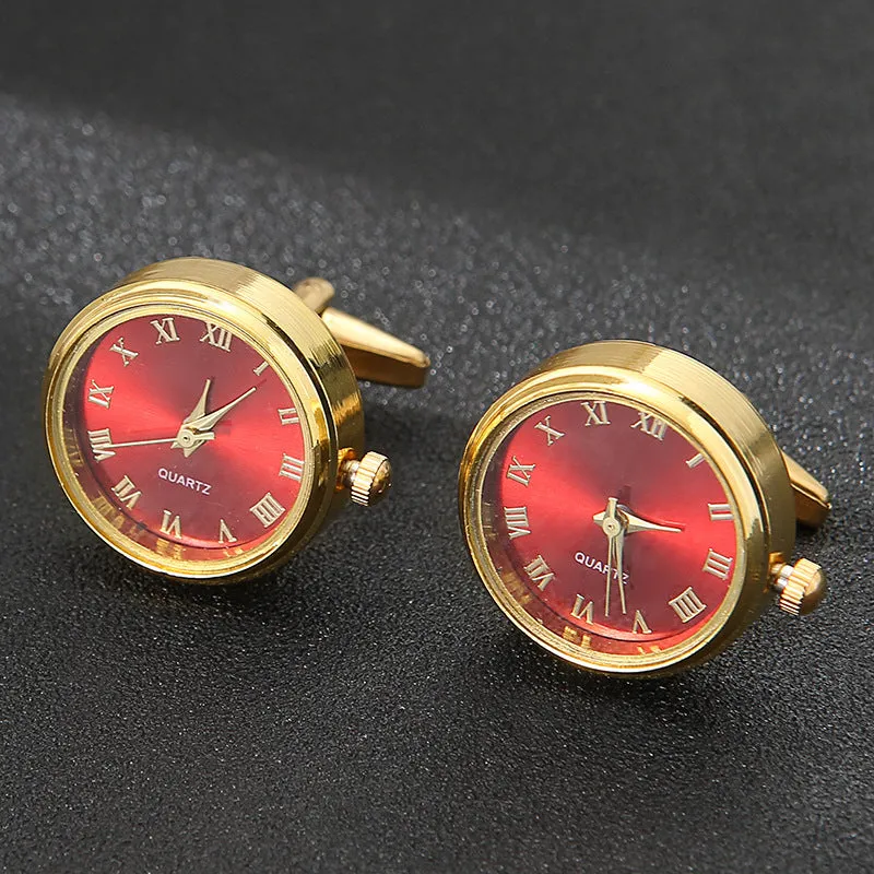 Men's light luxury clock cufflinks with rotatable golden face, 18K steel, 2.2cm diameter, on a white surface
