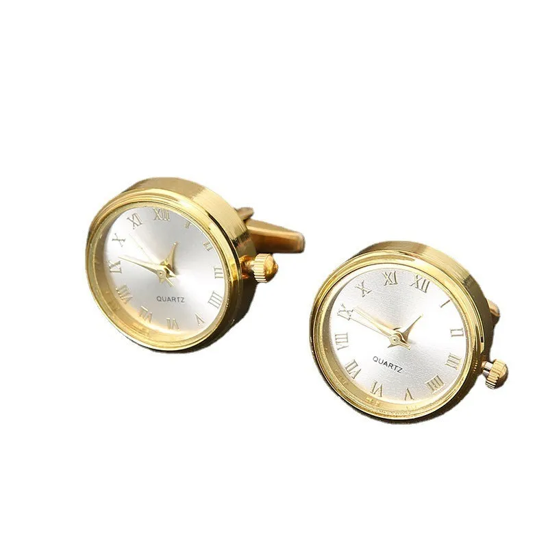Men's light luxury clock cufflinks with rotatable golden face, 18K steel, 2.2cm diameter, on a white surface