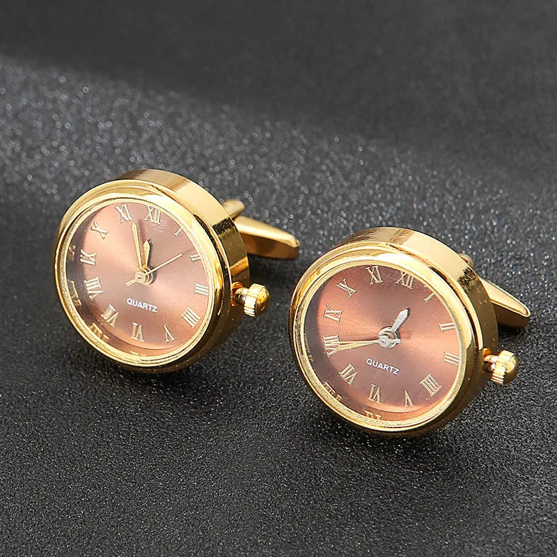 Men's light luxury clock cufflinks with rotatable golden face, 18K steel, 2.2cm diameter, on a white surface