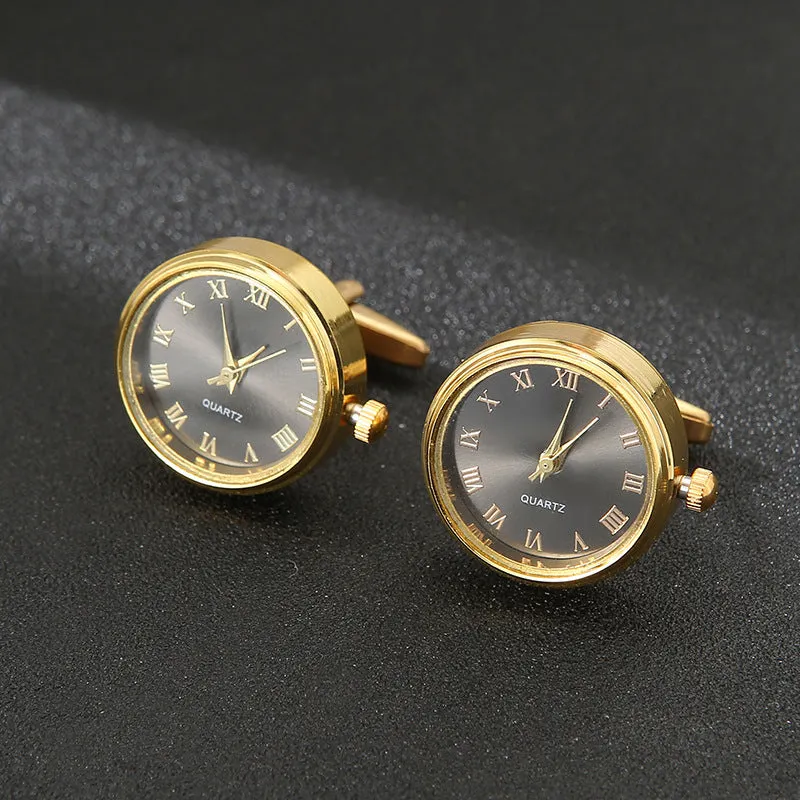 Men's light luxury clock cufflinks with rotatable golden face, 18K steel, 2.2cm diameter, on a white surface