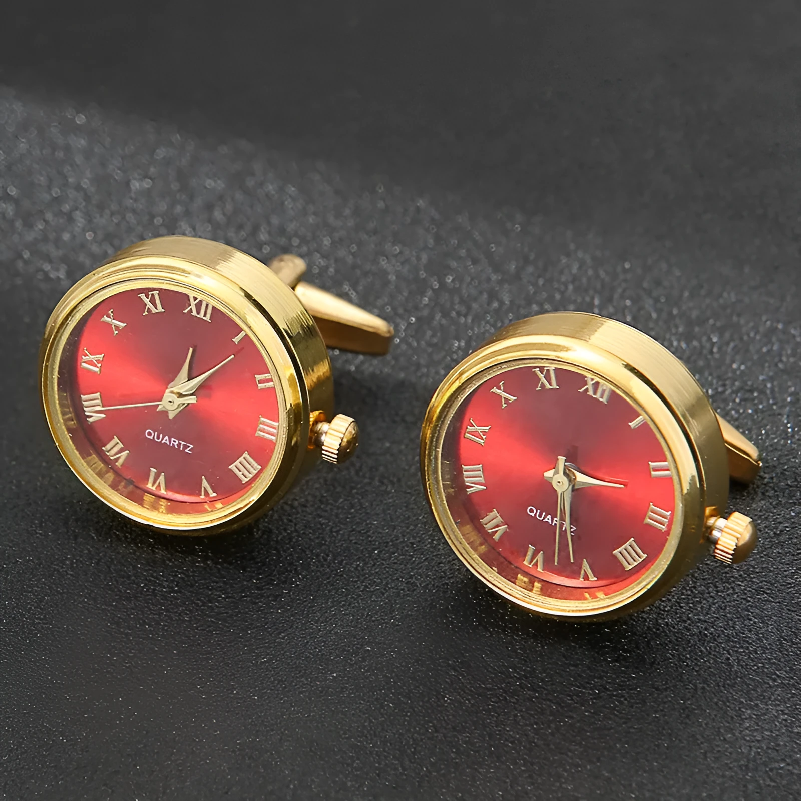 Men's light luxury clock cufflinks with rotatable golden face, 18K steel, 2.2cm diameter, on a white surface