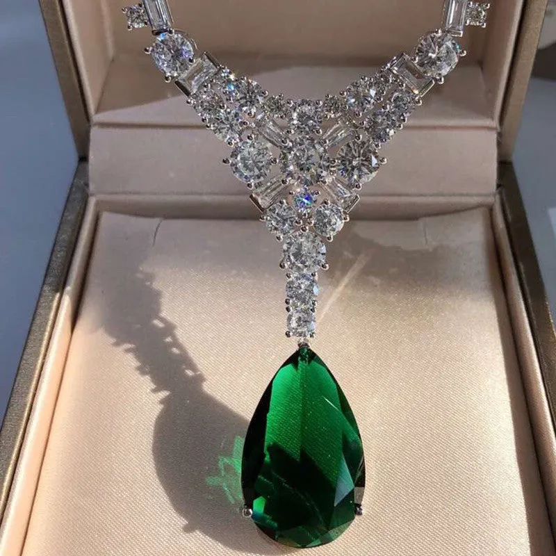 Silver gold-plated moissanite diamond pendant necklace with natural emerald drop shape on 50cm chain