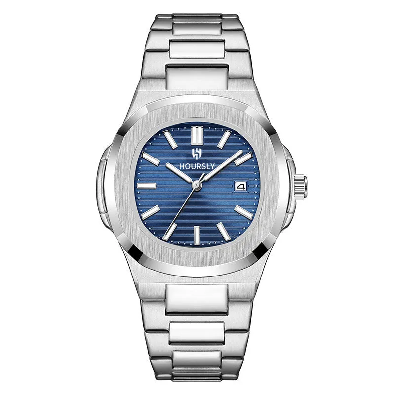 Men's quartz wristwatch with steel belt, gold dial and strap, 11mm thin business watch