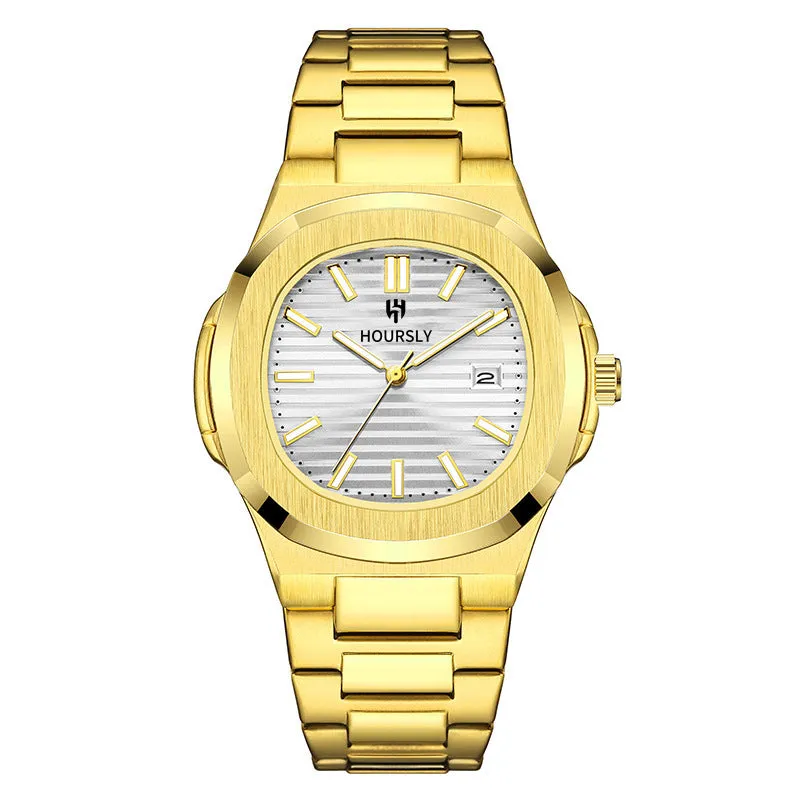 Men's quartz wristwatch with steel belt, gold dial and strap, 11mm thin business watch
