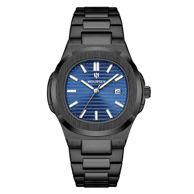 Men's quartz wristwatch with steel belt, gold dial and strap, 11mm thin business watch