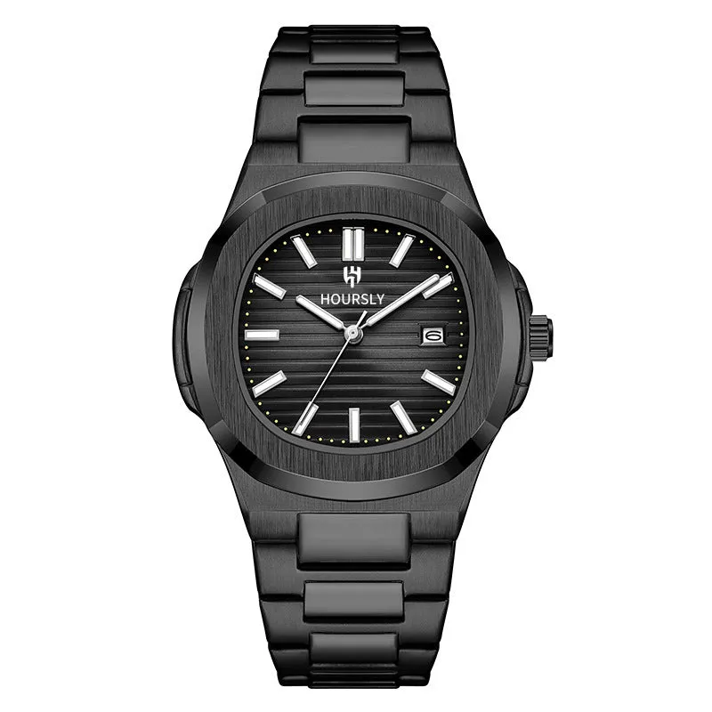 Men's quartz wristwatch with steel belt, gold dial and strap, 11mm thin business watch
