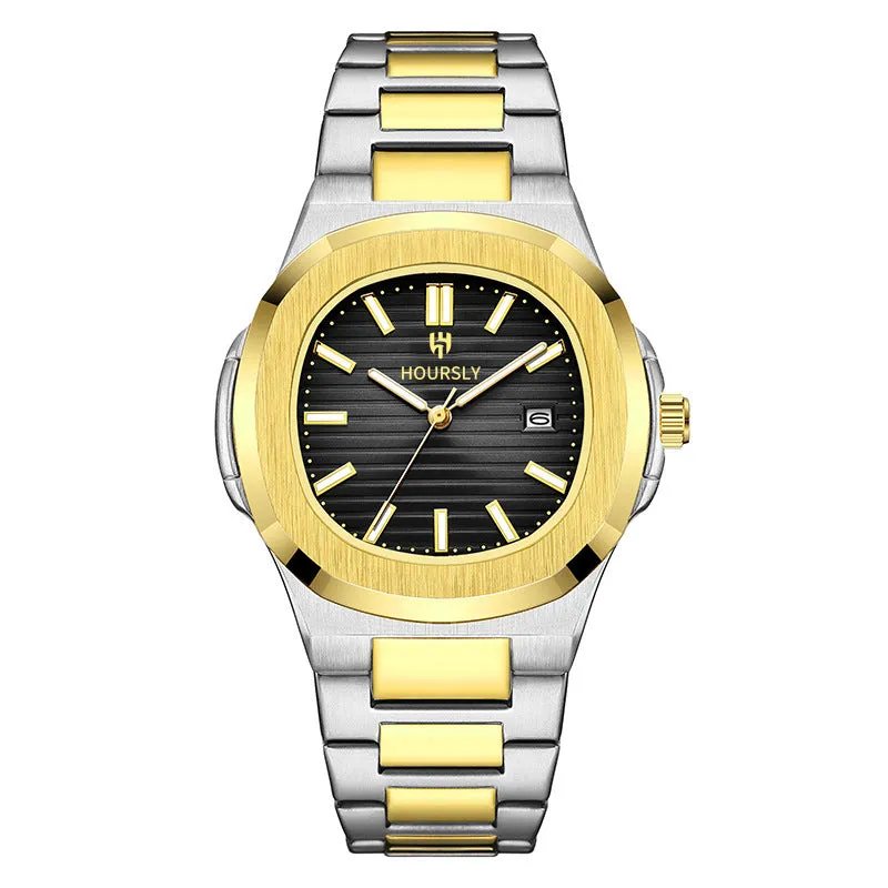 Men's quartz wristwatch with steel belt, gold dial and strap, 11mm thin business watch