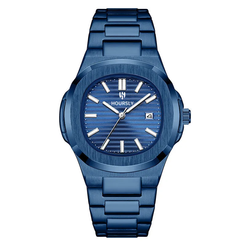 Men's quartz wristwatch with steel belt, gold dial and strap, 11mm thin business watch