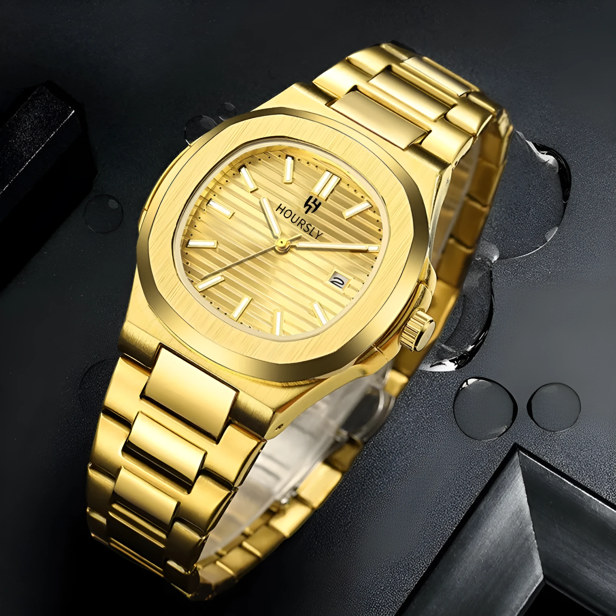 Men's quartz wristwatch with steel belt, gold dial and strap, 11mm thin business watch