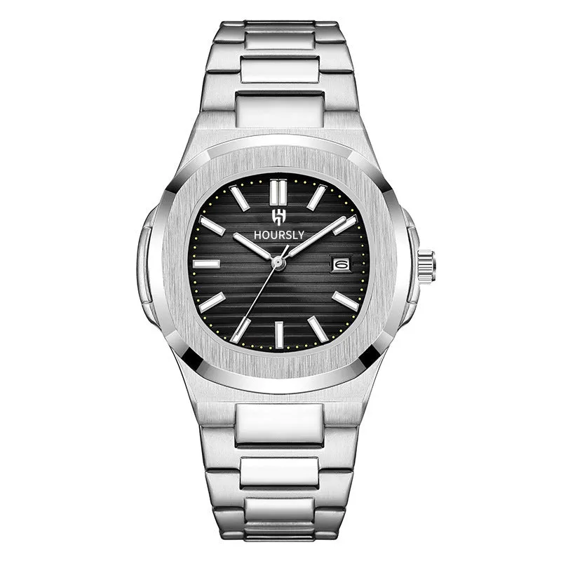 Men's quartz wristwatch with steel belt, gold dial and strap, 11mm thin business watch
