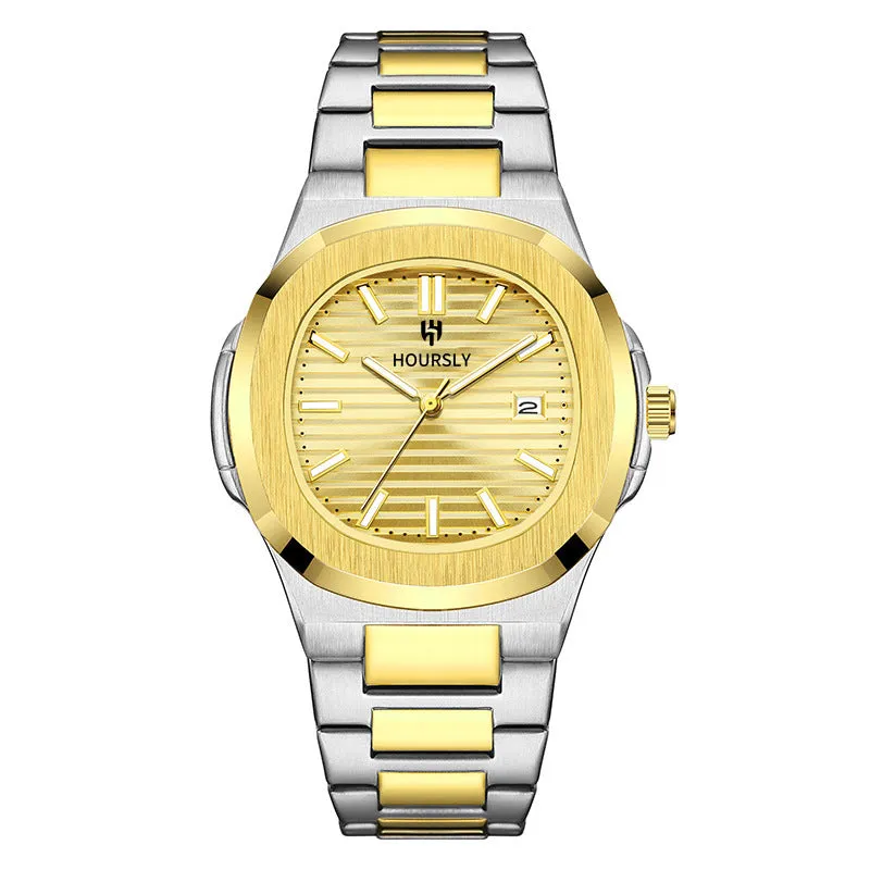 Men's quartz wristwatch with steel belt, gold dial and strap, 11mm thin business watch