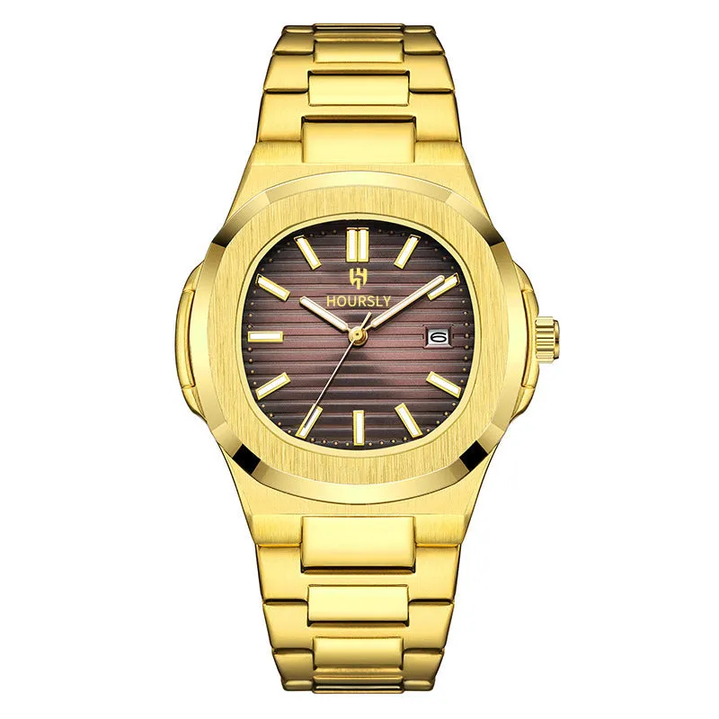 Men's quartz wristwatch with steel belt, gold dial and strap, 11mm thin business watch