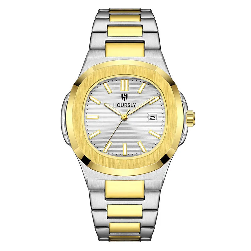 Men's quartz wristwatch with steel belt, gold dial and strap, 11mm thin business watch