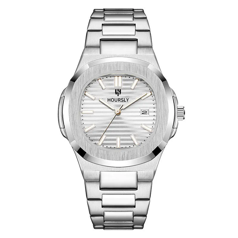 Men's quartz wristwatch with steel belt, gold dial and strap, 11mm thin business watch