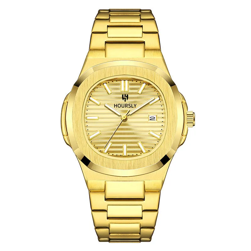 Men's quartz wristwatch with steel belt, gold dial and strap, 11mm thin business watch