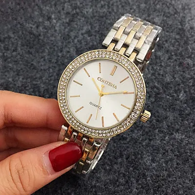 Women's round alloy case quartz watch with stainless steel band in gold, silver, and rose gold