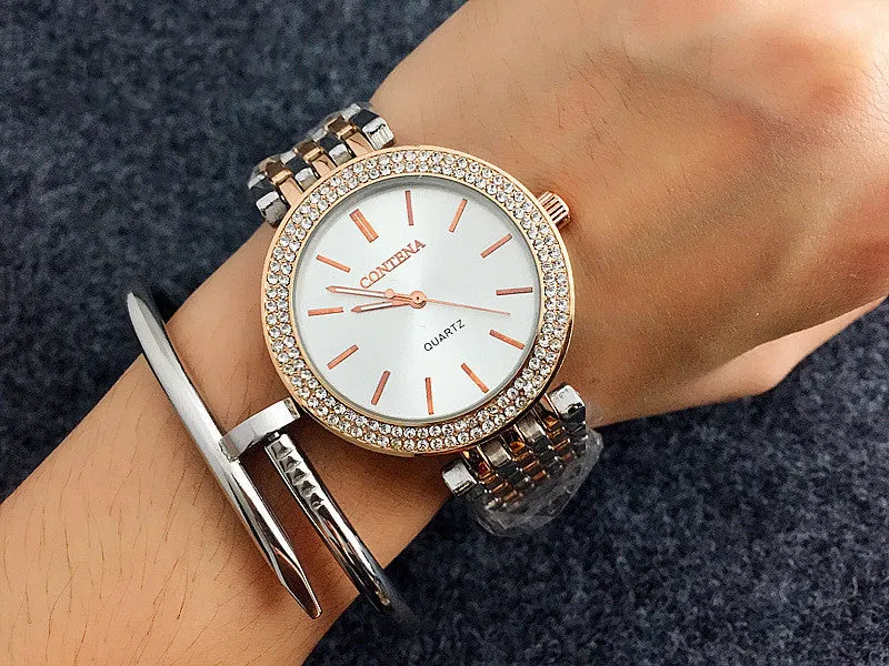 Women's round alloy case quartz watch with stainless steel band in gold, silver, and rose gold