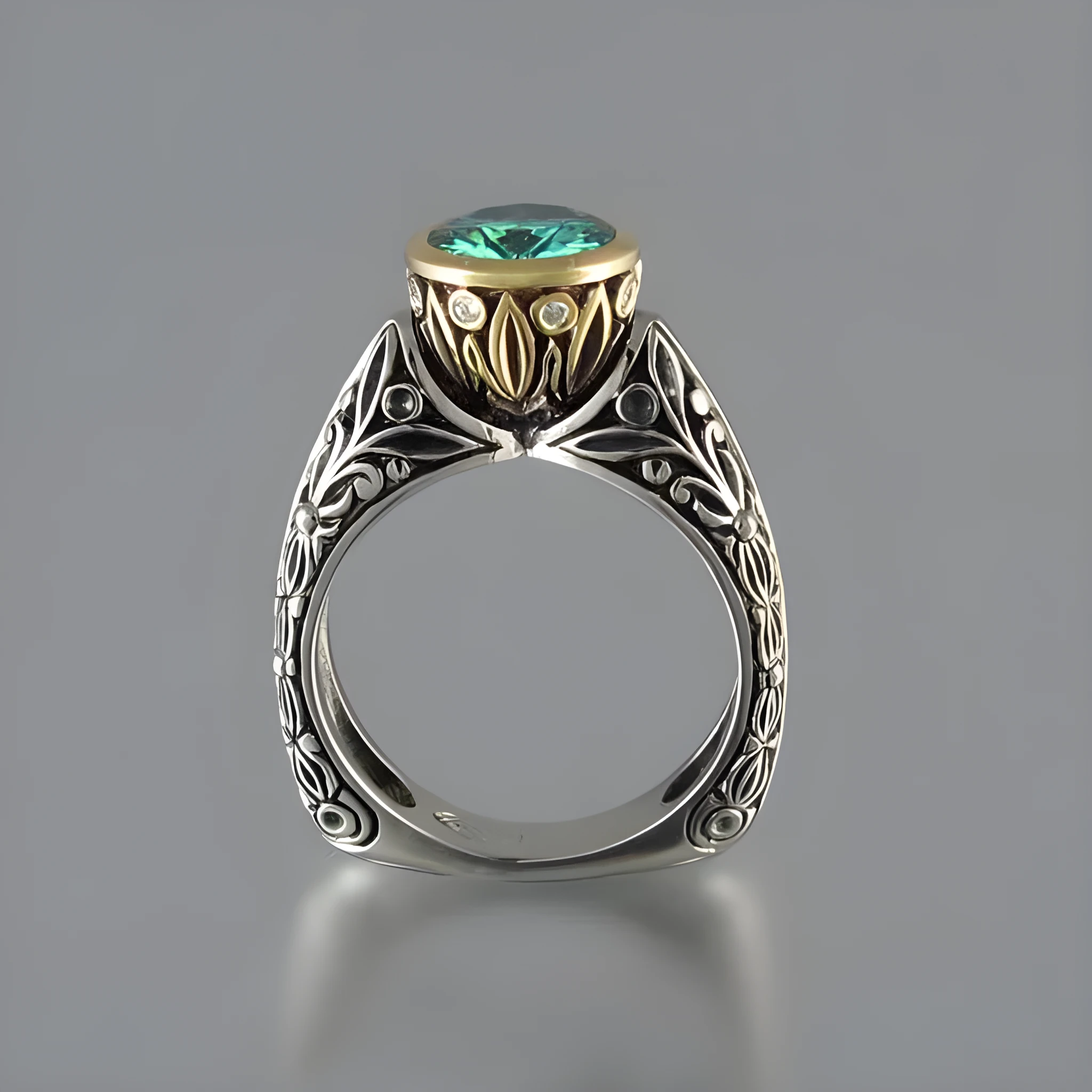 Women's gold-plated flower-shaped ring with green silver vintage gemstone.
