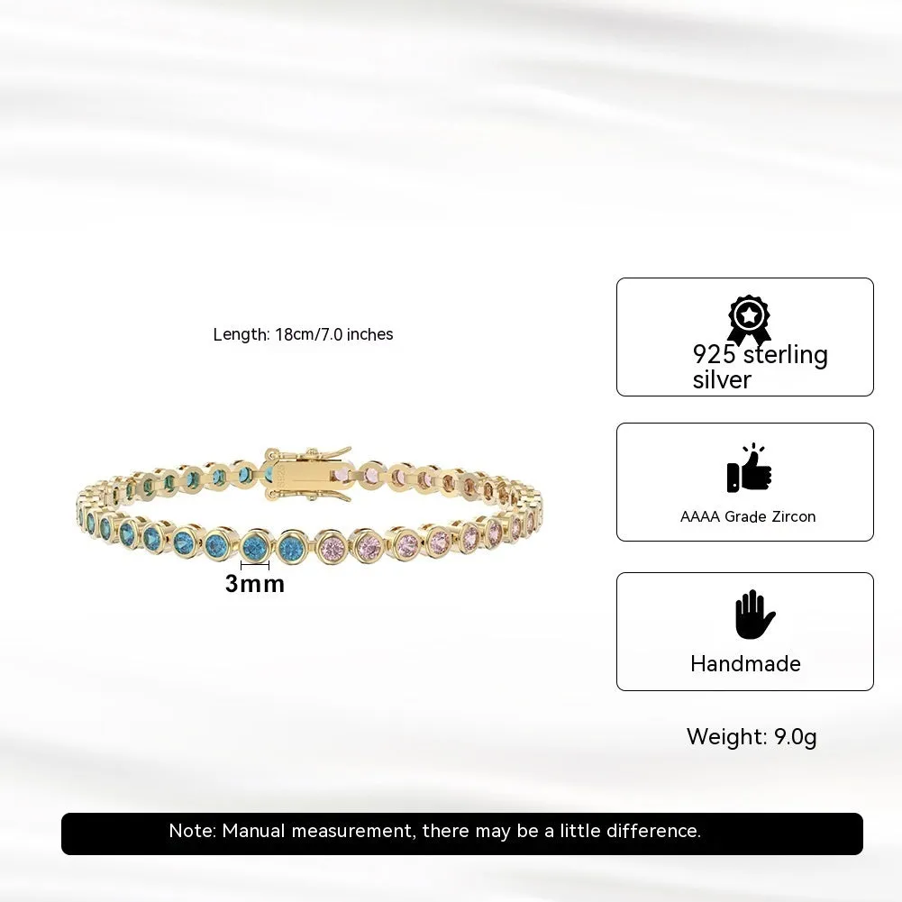 S925 sterling silver two-tone zircon bracelet with round geometric links and electroplated finish