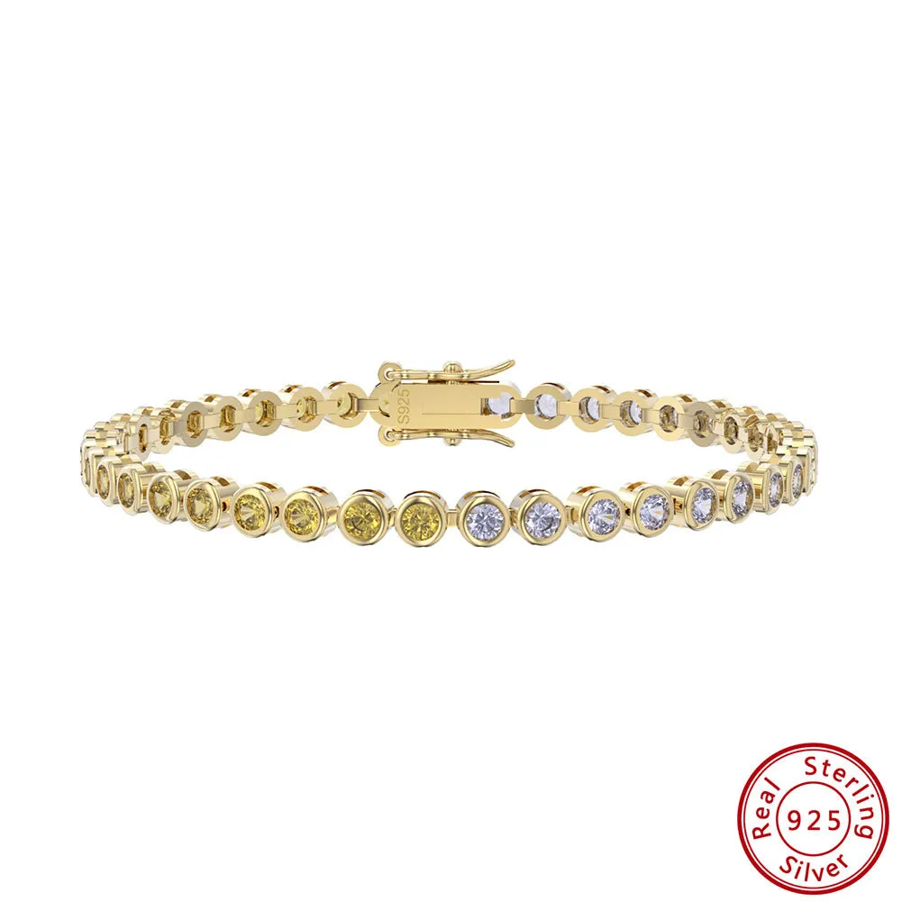 S925 sterling silver two-tone zircon bracelet with round geometric links and electroplated finish