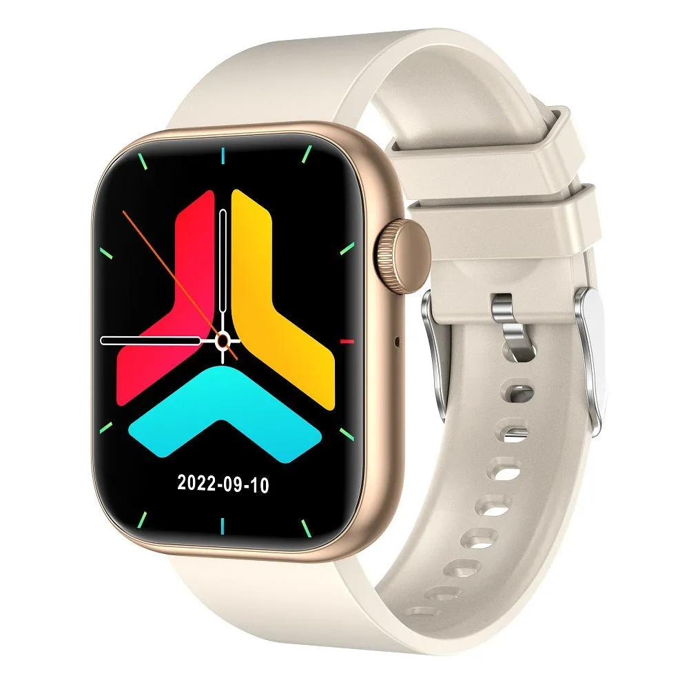 QX7 body temperature health smart watch with 1.85-inch TFT screen, metal knob, and silicone strap on a wrist