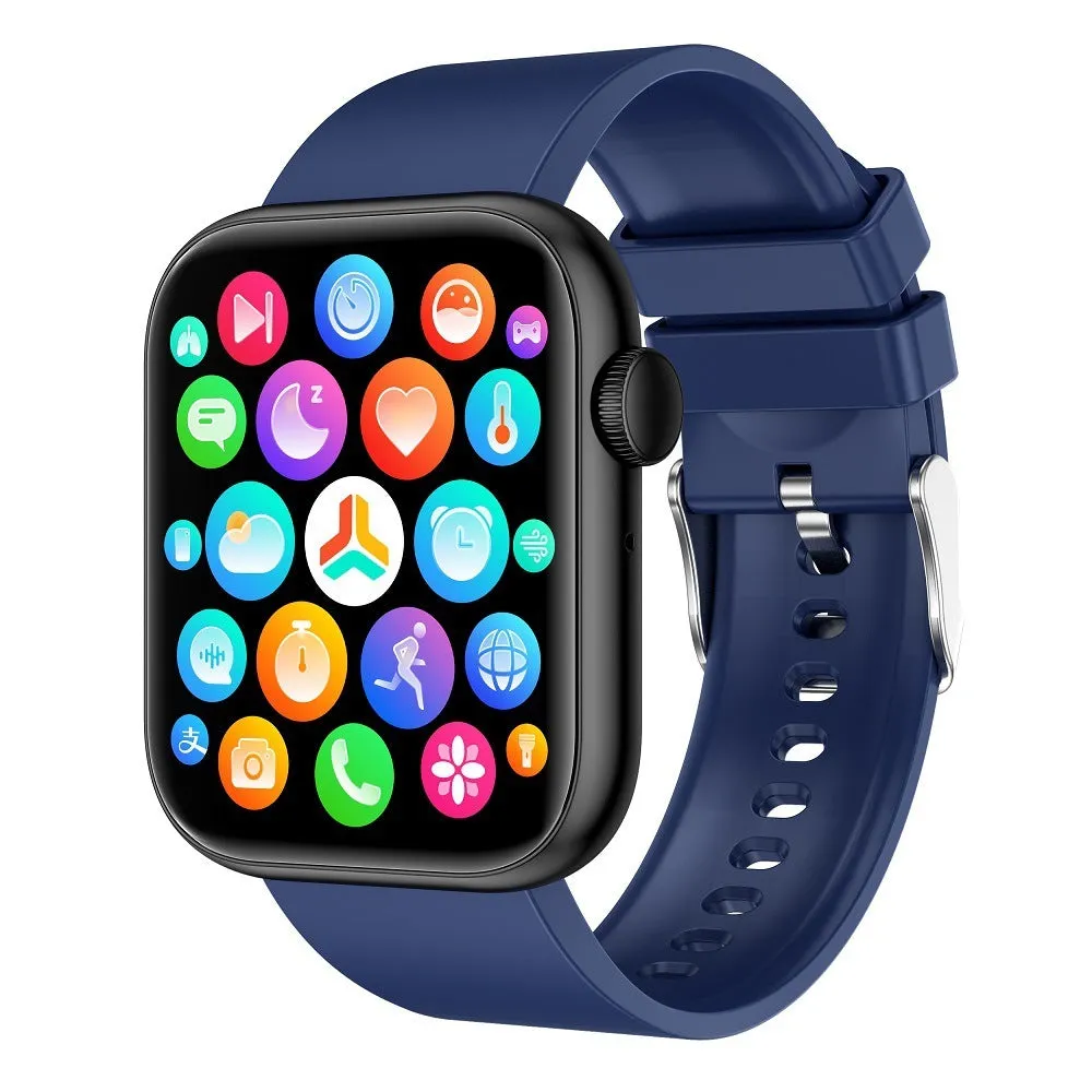 QX7 body temperature health smart watch with 1.85-inch TFT screen, metal knob, and silicone strap on a wrist