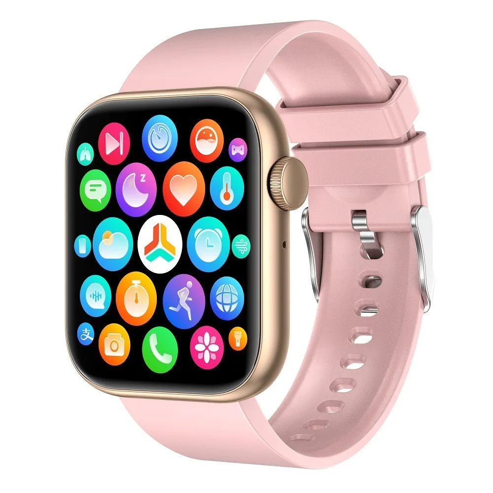 QX7 body temperature health smart watch with 1.85-inch TFT screen, metal knob, and silicone strap on a wrist