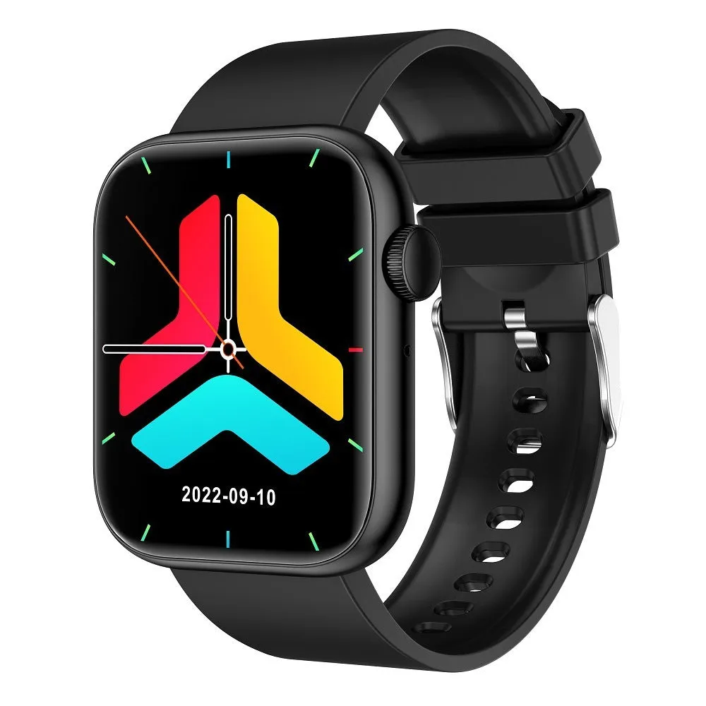 QX7 body temperature health smart watch with 1.85-inch TFT screen, metal knob, and silicone strap on a wrist