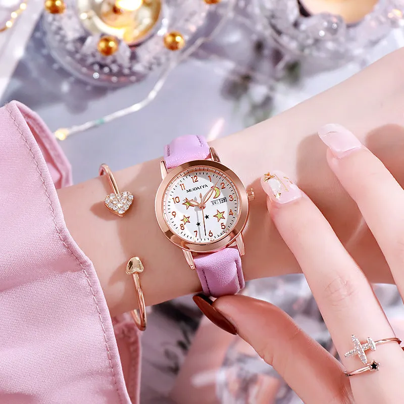 Women's quartz watch with double calendar luminous dial in pink colour