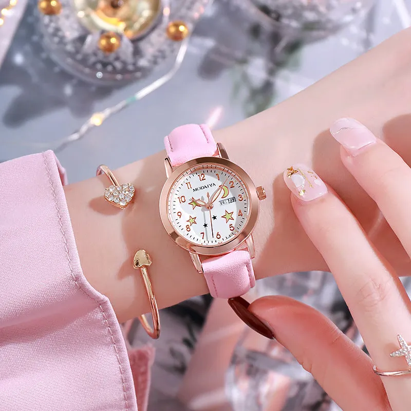 Women's quartz watch with double calendar luminous dial in pink colour