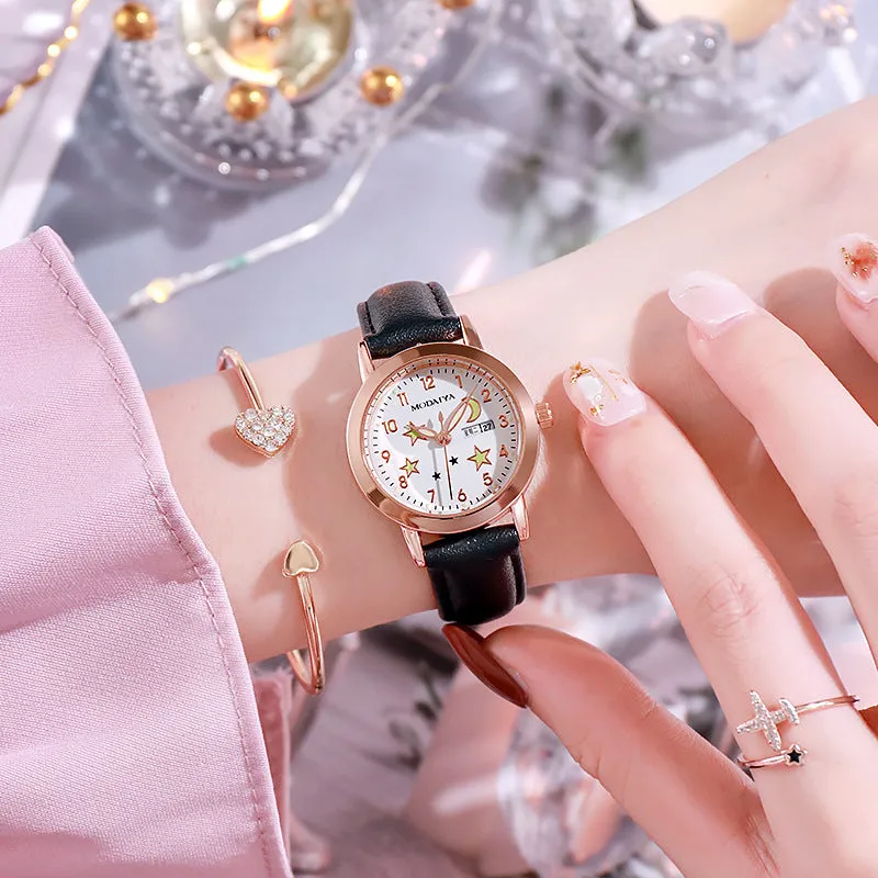 Women's quartz watch with double calendar luminous dial in pink colour