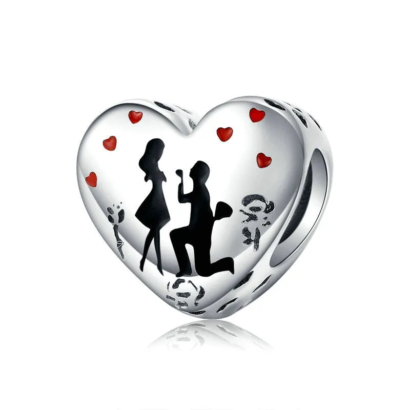 Sterling silver S925 loose bead pendant with romantic couple design, 1cm size, silver colour