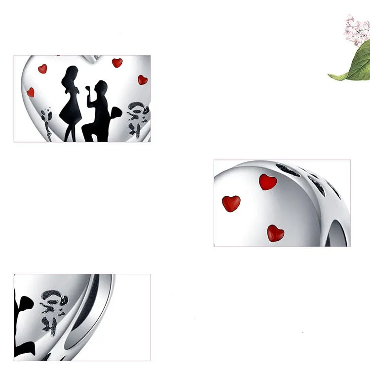 Sterling silver S925 loose bead pendant with romantic couple design, 1cm size, silver colour