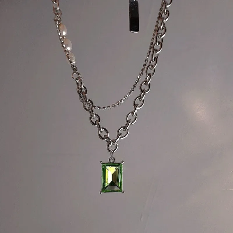 Green electroplated stainless steel multi-layer necklace with square brick geometry pendant and artificial crystal, adjustable 21-50cm chain
