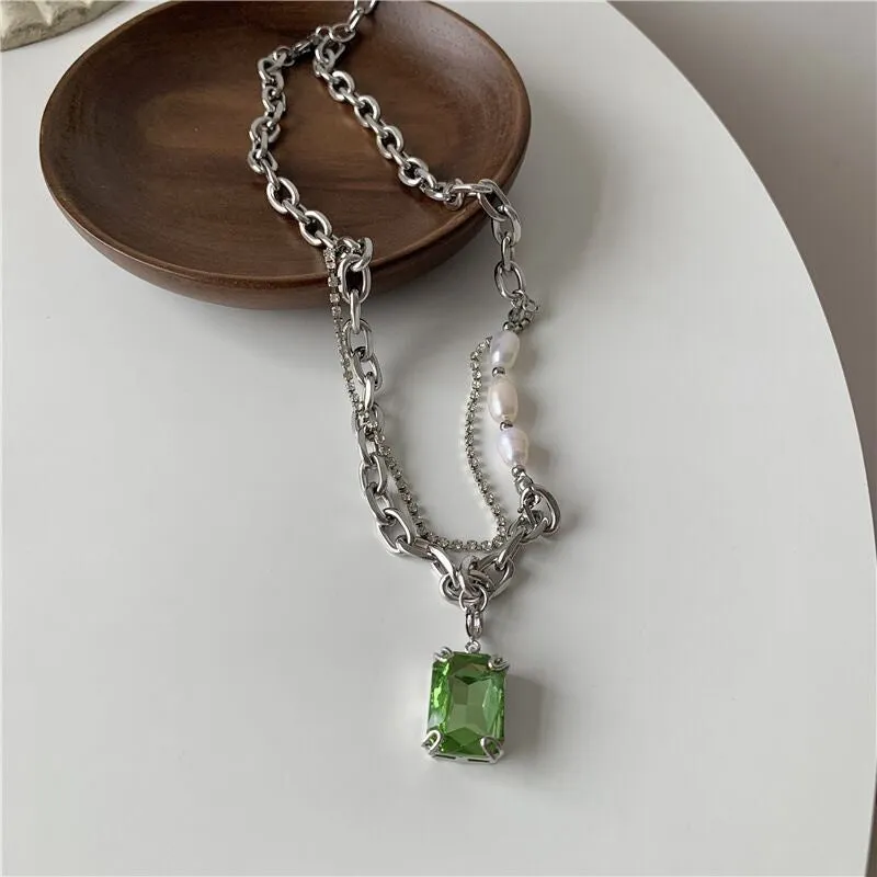Green electroplated stainless steel multi-layer necklace with square brick geometry pendant and artificial crystal, adjustable 21-50cm chain