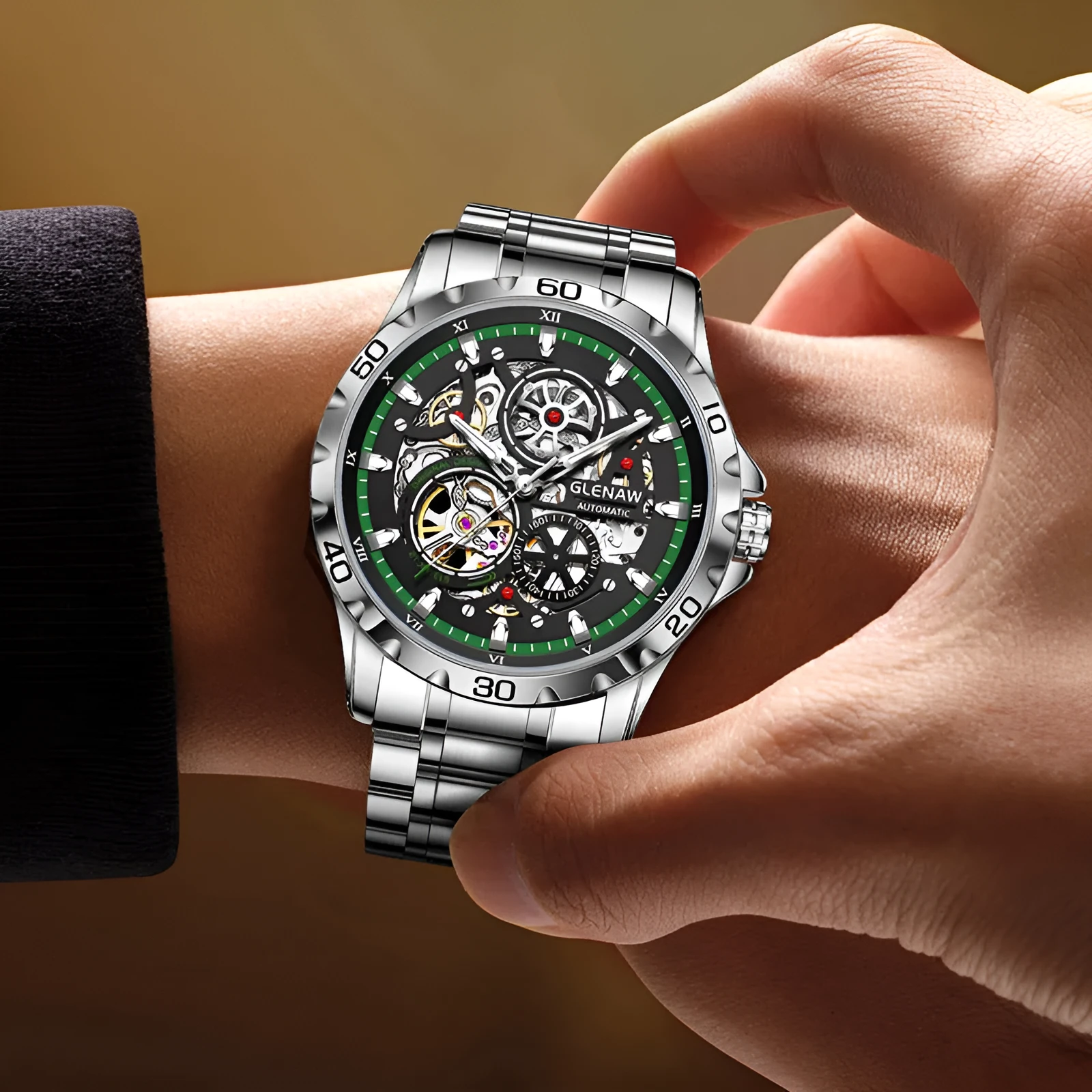 Men's automatic mechanical watch with hollow-out design showing internal mechanism and luminous hands on stainless steel bracelet