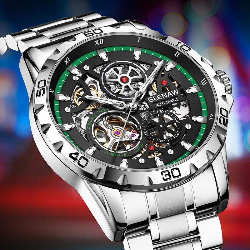 Men's automatic mechanical watch with hollow-out design showing internal mechanism and luminous hands on stainless steel bracelet