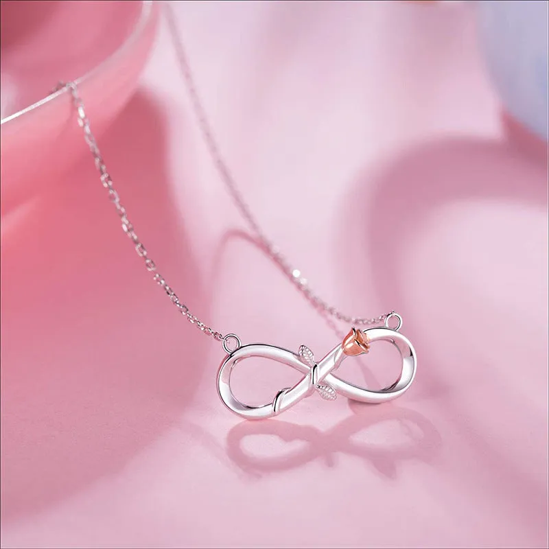 Double Fair infinity rose necklace in 925 silver with adjustable chain, two colour options