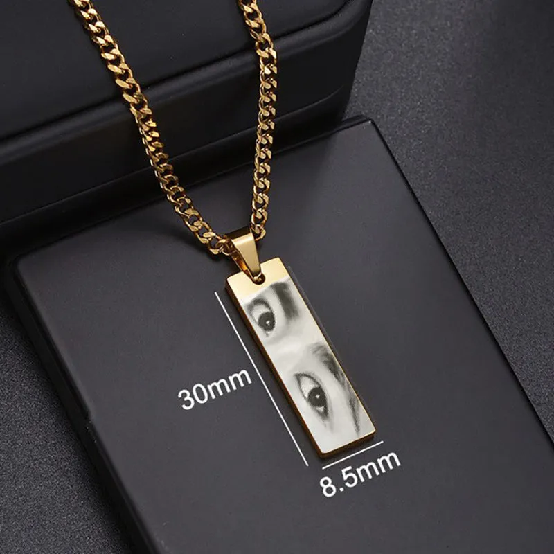 Custom stainless steel necklace with engraved eye photo on titanium steel geometric pendant, colour HZ001