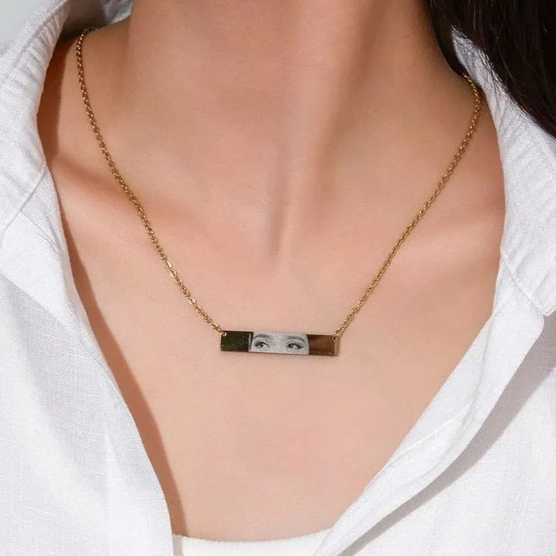 Custom stainless steel necklace with engraved eye photo on titanium steel geometric pendant, colour HZ001